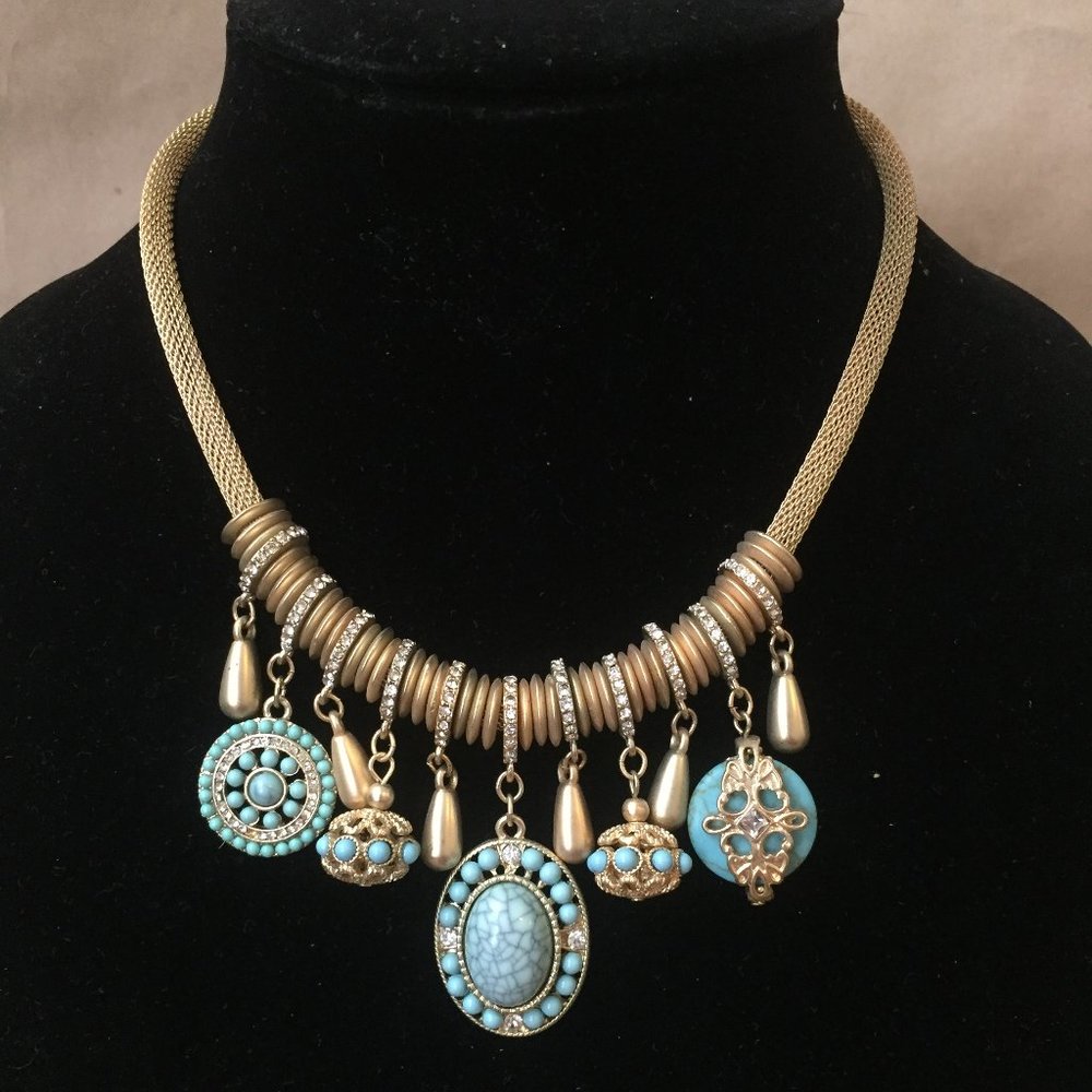 Gold-Tone Turquoise Charm Statement Necklace